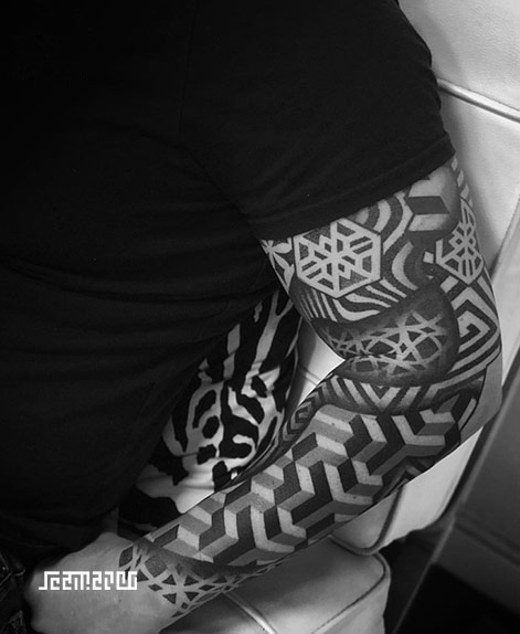 Dotwork Geometric 3D Tattoo Sleeve Dallas Texas