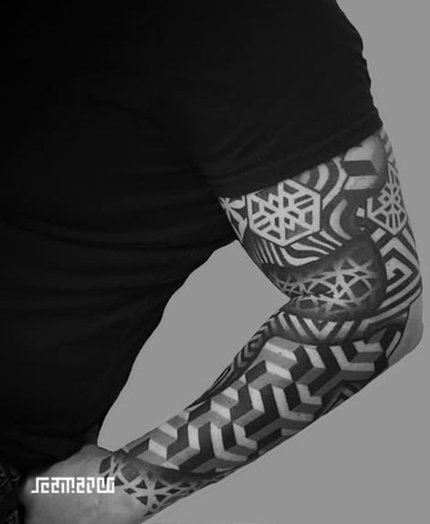 Dotwork Geometric 3D Tattoo Sleeve Chicago